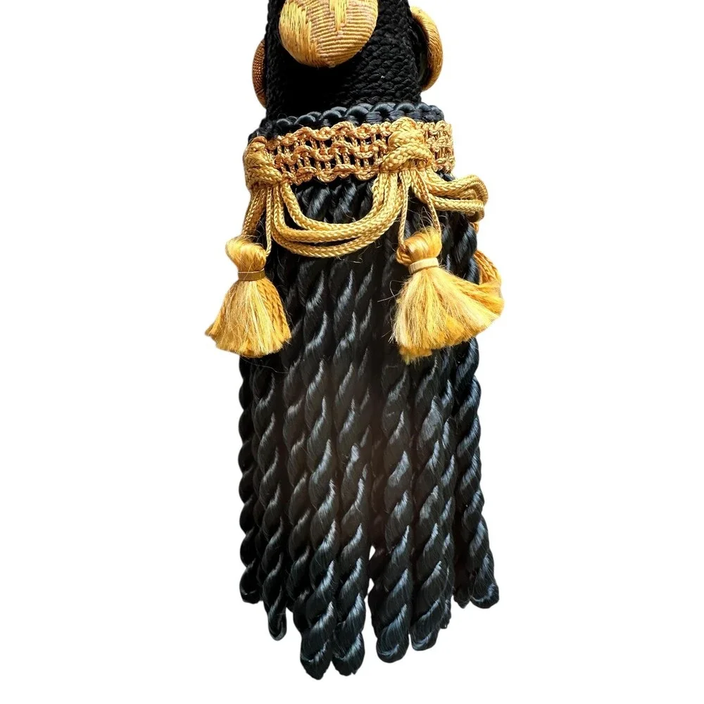 Luxury Black and Gold Oversized Drapery Tassel with Wood Core Tieback Ornament